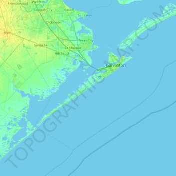 Topografische kaart Galveston Island, hoogte, reliëf