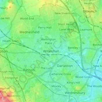 Topografische kaart Willenhall, hoogte, reliëf