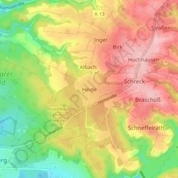 Topografische kaart Heide, hoogte, reliëf