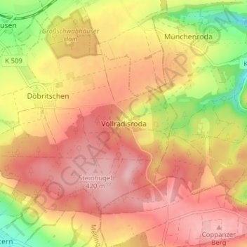 Topografische kaart Vollradisroda, hoogte, reliëf