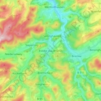 Topografische kaart Eslohe (Sauerland), hoogte, reliëf