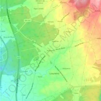 Topografische kaart Alumieira, hoogte, reliëf