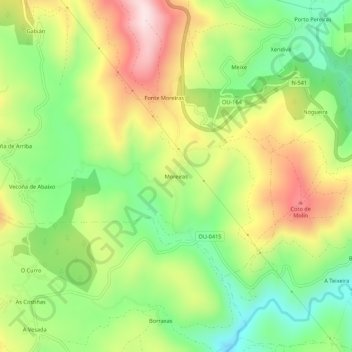 Topografische kaart Moreiras, hoogte, reliëf