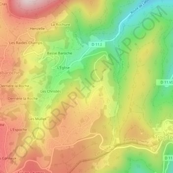 Topografische kaart Les Granges, hoogte, reliëf
