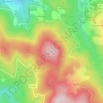 Topografische kaart Rez des Gouttes, hoogte, reliëf