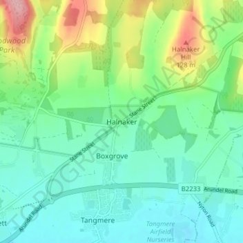 Topografische kaart Halnaker, hoogte, reliëf
