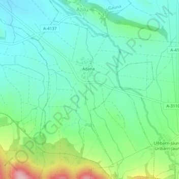 Topografische kaart Urbia, hoogte, reliëf