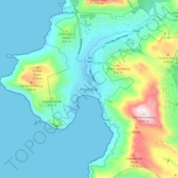 Topografische kaart Hout Bay, hoogte, reliëf