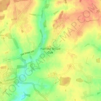 Topografische kaart Hatfield Broad Oak, hoogte, reliëf