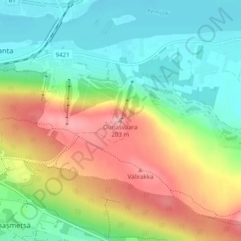 Topografische kaart Ounasvaara, hoogte, reliëf