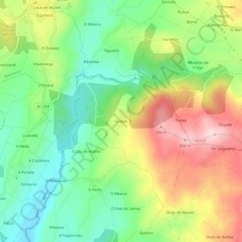Topografische kaart Grobas, hoogte, reliëf