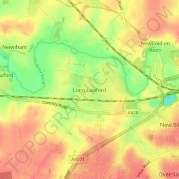 Topografische kaart Long Lawford, hoogte, reliëf