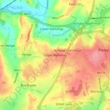 Topografische kaart Upper Hartshay, hoogte, reliëf