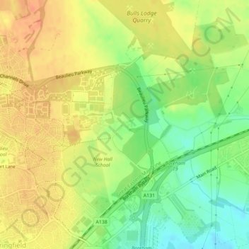 Topografische kaart Bulls Lodge, hoogte, reliëf