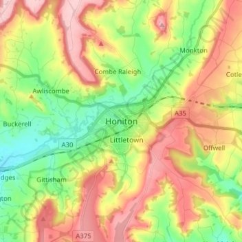 Topografische kaart Honiton, hoogte, reliëf