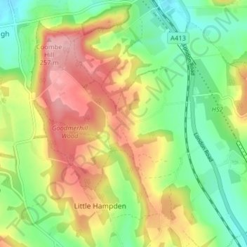 Topografische kaart Dunsmore, hoogte, reliëf