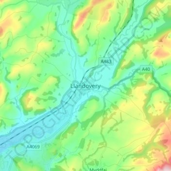 Topografische kaart Llandovery, hoogte, reliëf