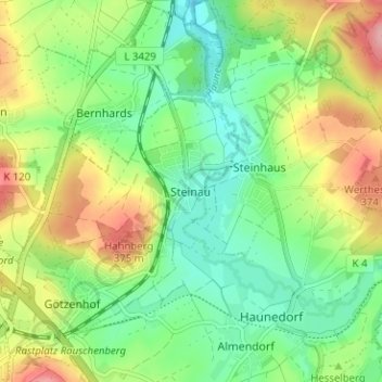 Topografische kaart Steinau, hoogte, reliëf