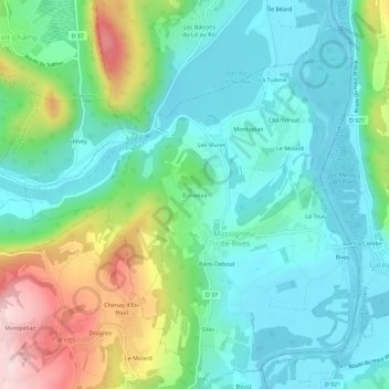 Topografische kaart Écrivieux, hoogte, reliëf