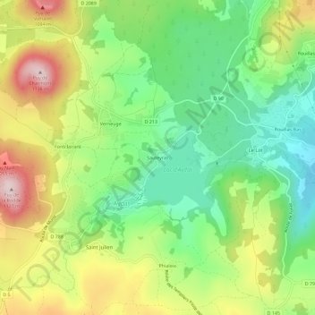 Topografische kaart Sauteyras, hoogte, reliëf