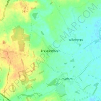 Topografische kaart Braceborough, hoogte, reliëf