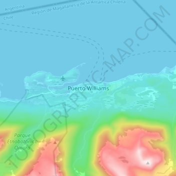 Topografische kaart Puerto Williams, hoogte, reliëf