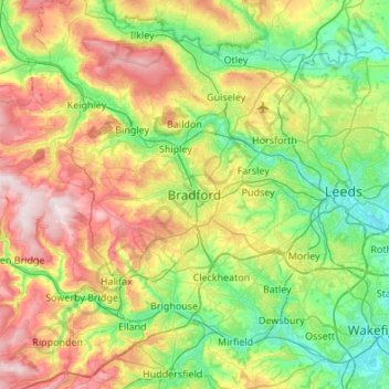 Topografische kaart Bradford, hoogte, reliëf