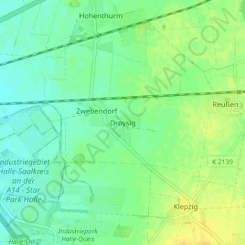 Topografische kaart Droysig, hoogte, reliëf