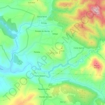 Topografische kaart Querença, hoogte, reliëf