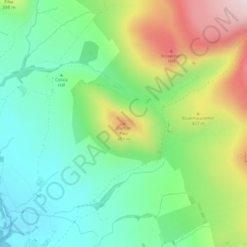 Topografische kaart Dufton Pike, hoogte, reliëf