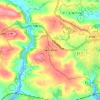 Topografische kaart Trematon, hoogte, reliëf