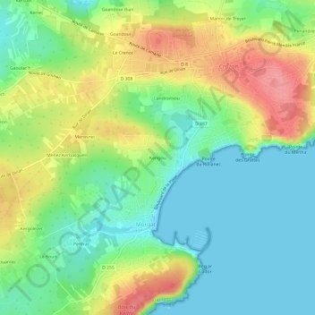 Topografische kaart Kerigou, hoogte, reliëf