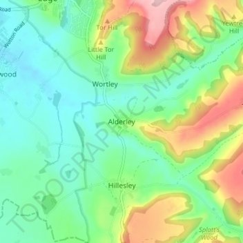 Topografische kaart Alderley, hoogte, reliëf