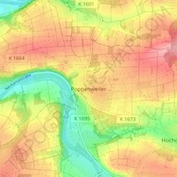 Topografische kaart Poppenweiler, hoogte, reliëf