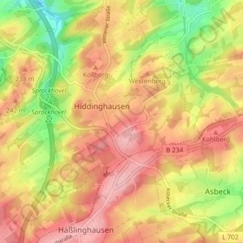 Topografische kaart Leveringhausen, hoogte, reliëf