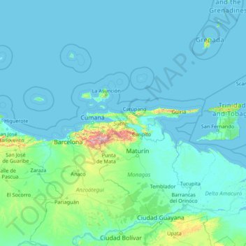 Topografische kaart Sucre, hoogte, reliëf