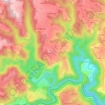 Topografische kaart Maurins, hoogte, reliëf