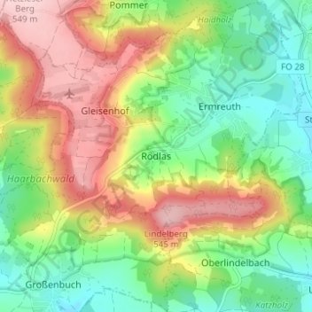 Topografische kaart Rödlas, hoogte, reliëf