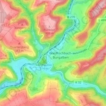 Topografische kaart Waldfischbach, hoogte, reliëf