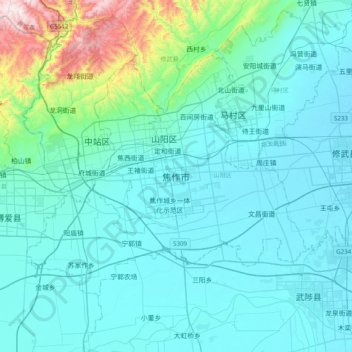 Topografische kaart Jiaozuo, hoogte, reliëf