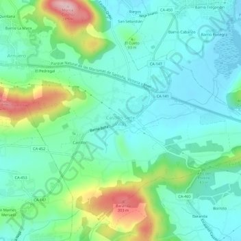 Topografische kaart Castillo Siete Villas, hoogte, reliëf