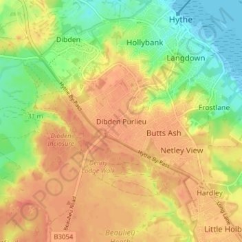 Topografische kaart Dibden Purlieu, hoogte, reliëf
