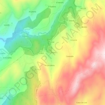 Topografische kaart Carreiro, hoogte, reliëf