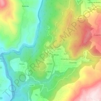 Topografische kaart O Valiño, hoogte, reliëf