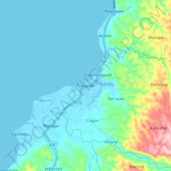 Topografische kaart Tuburan, hoogte, reliëf