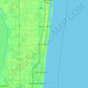 Topografische kaart Delray Beach, hoogte, reliëf