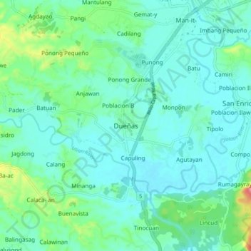 Topografische kaart Dueñas, hoogte, reliëf
