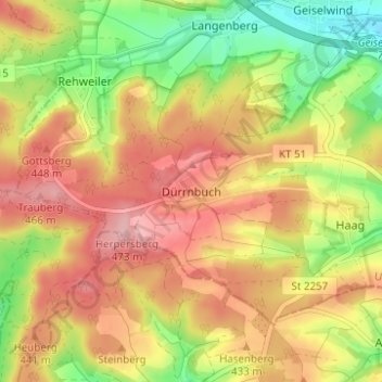 Topografische kaart Dürrnbuch, hoogte, reliëf