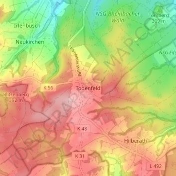 Topografische kaart Todenfeld, hoogte, reliëf