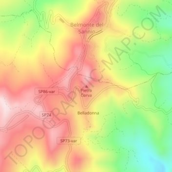 Topografische kaart Pietra Corva, hoogte, reliëf